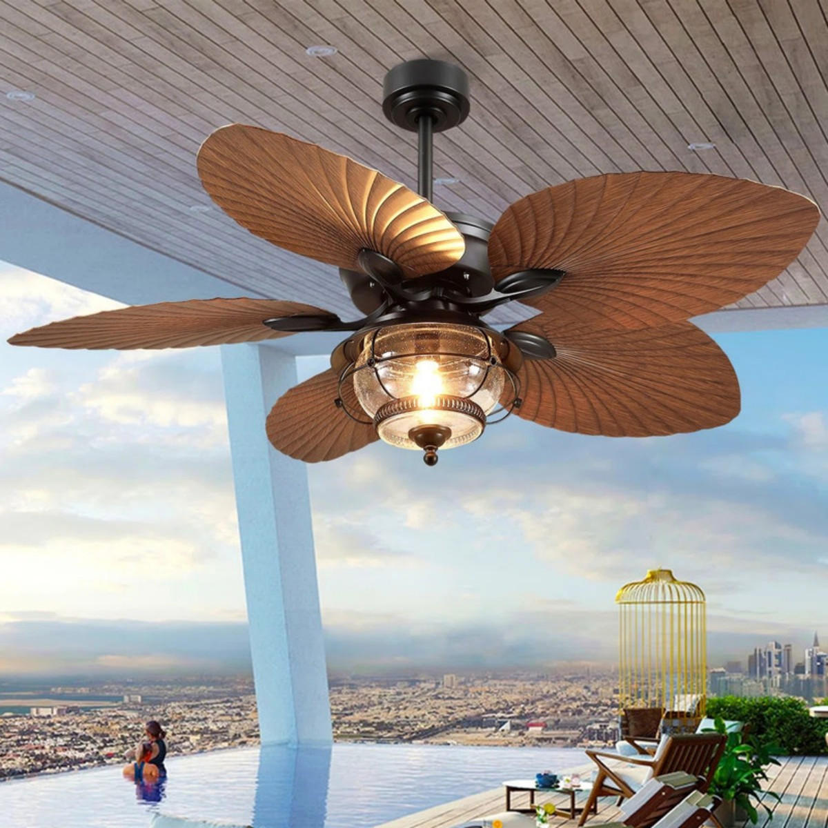 DECKENVENTILATOR Braun 132 cm mit Flügeln in Palmblatt-Optik und LED - Braun, Metall (132/132/57cm) - Surtime