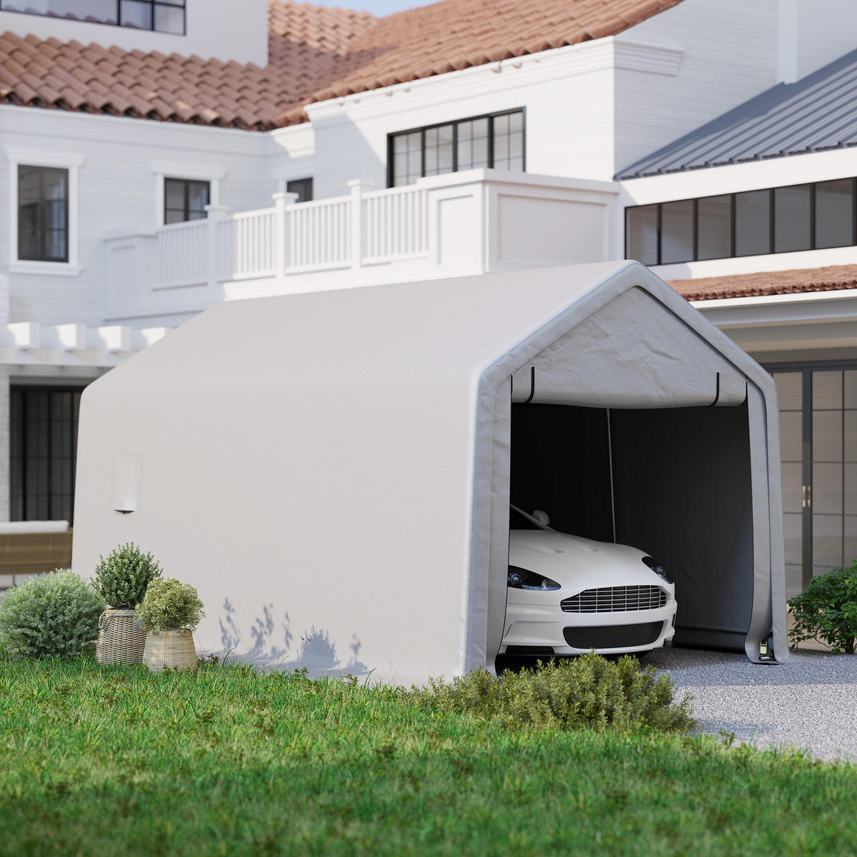 CARPORT DE-12661 300/520 cm 140 g/m² mit Rolltür Grau - Grau, Metall (300/275/520cm) - ComfortXL
