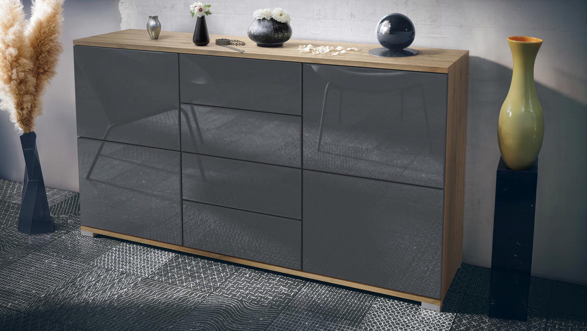SIDEBOARD Rova Grau Hochglanz - Grau, Holzwerkstoff (138.5/75.5/35cm) - Vladon