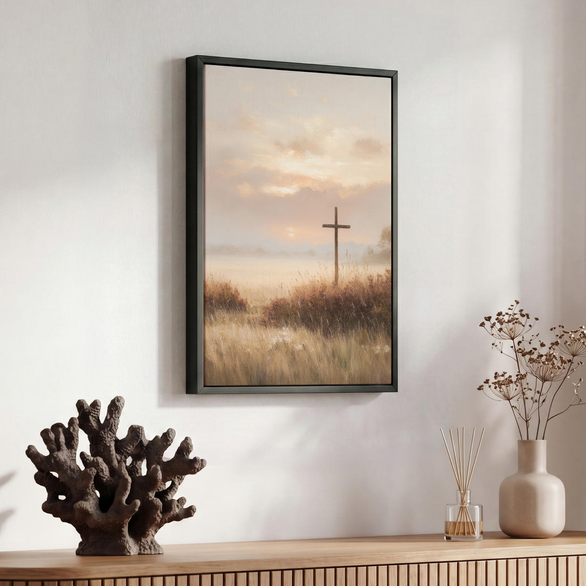 LEINWAND Bilder mit Rahmen - Gras - Morgennebel - Kreuz - Christentum - 30x40 - Beige, Textil (30/40cm) - MuchoWow