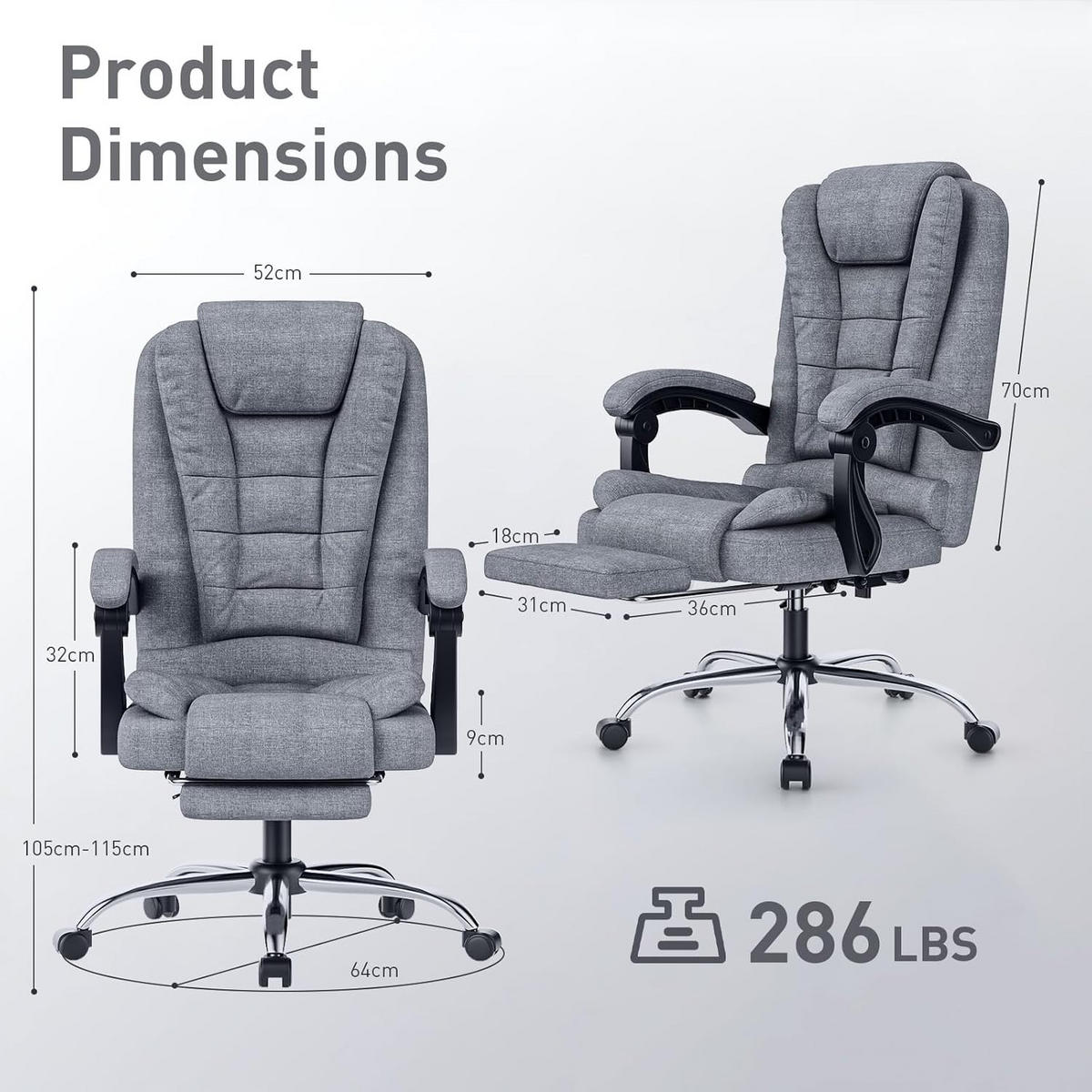 BÜROSTUHL, hohe Rückenlehne, ergonomisch - Grau, Metall (52/105/52cm) - Rattantree