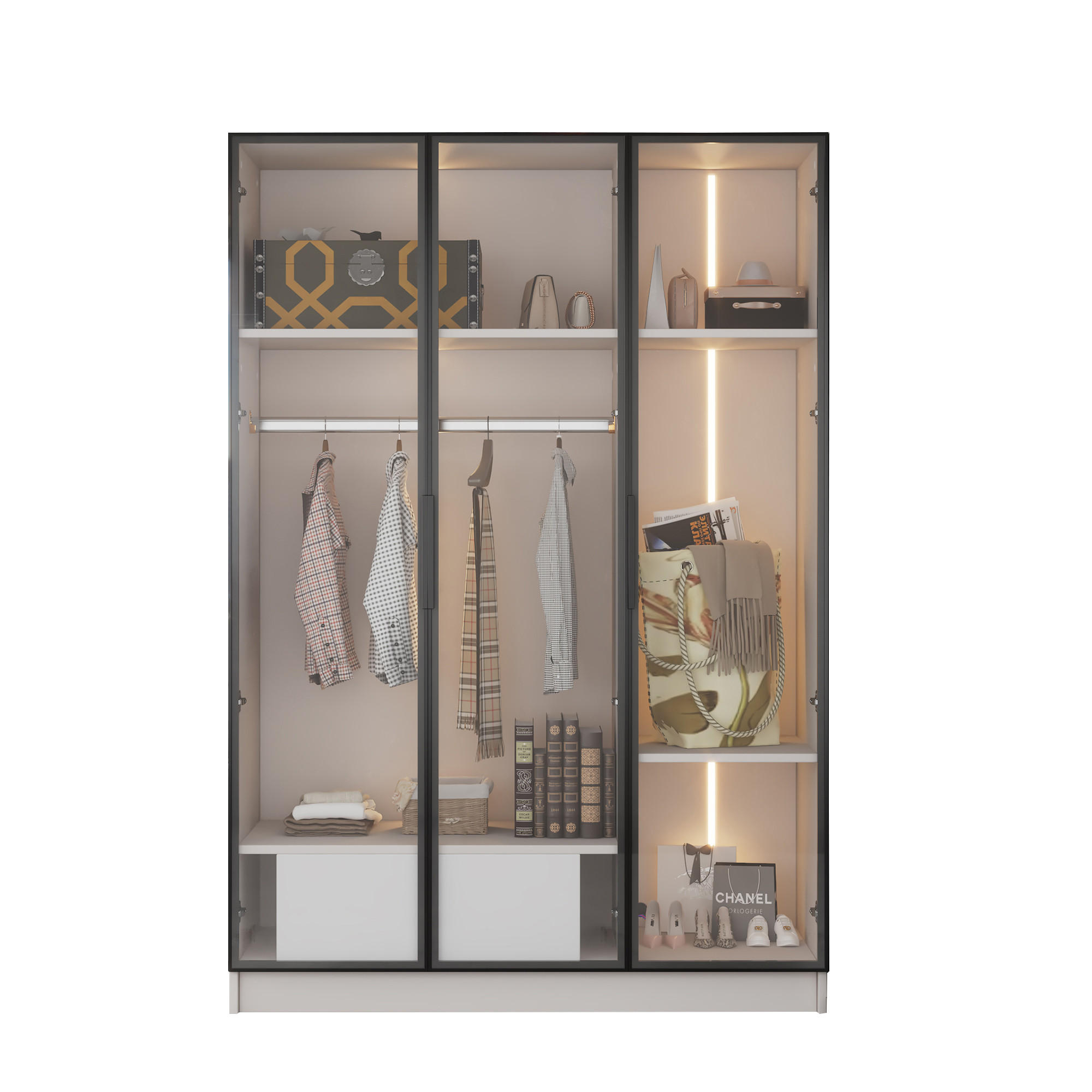 HIGHBOARD in Weiß Kleiderschrank mit 3 Glastüren, 1 Schublade und 1 Kleiderstange für Schlafzimmer, B110/T50/H160cm - Transparent/Weiß, Glas/Holzwerkstoff (110/160/50cm) - STILVORA