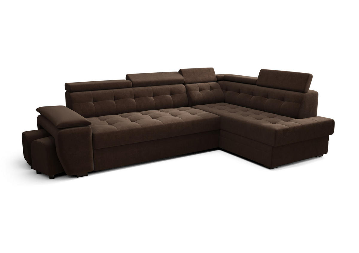 ECKSOFA KONGO RBN15, Eckcouch in L-Form mit Schlaffunktion, Farbe: Dunkelbraun, Velourstoff, Ottomane Rechts - Dunkelbraun, Textil (277/180cm) - O-Sofa