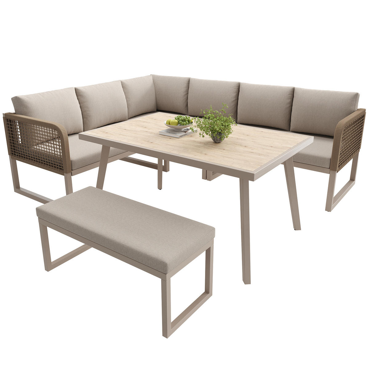 GARTENLOUNGE-SET, PE-Rattan mit Tisch & Sitzkissen, 5-teilig, 121,5/61/77 cm, Beige - Beige, Kunststoff - Redom
