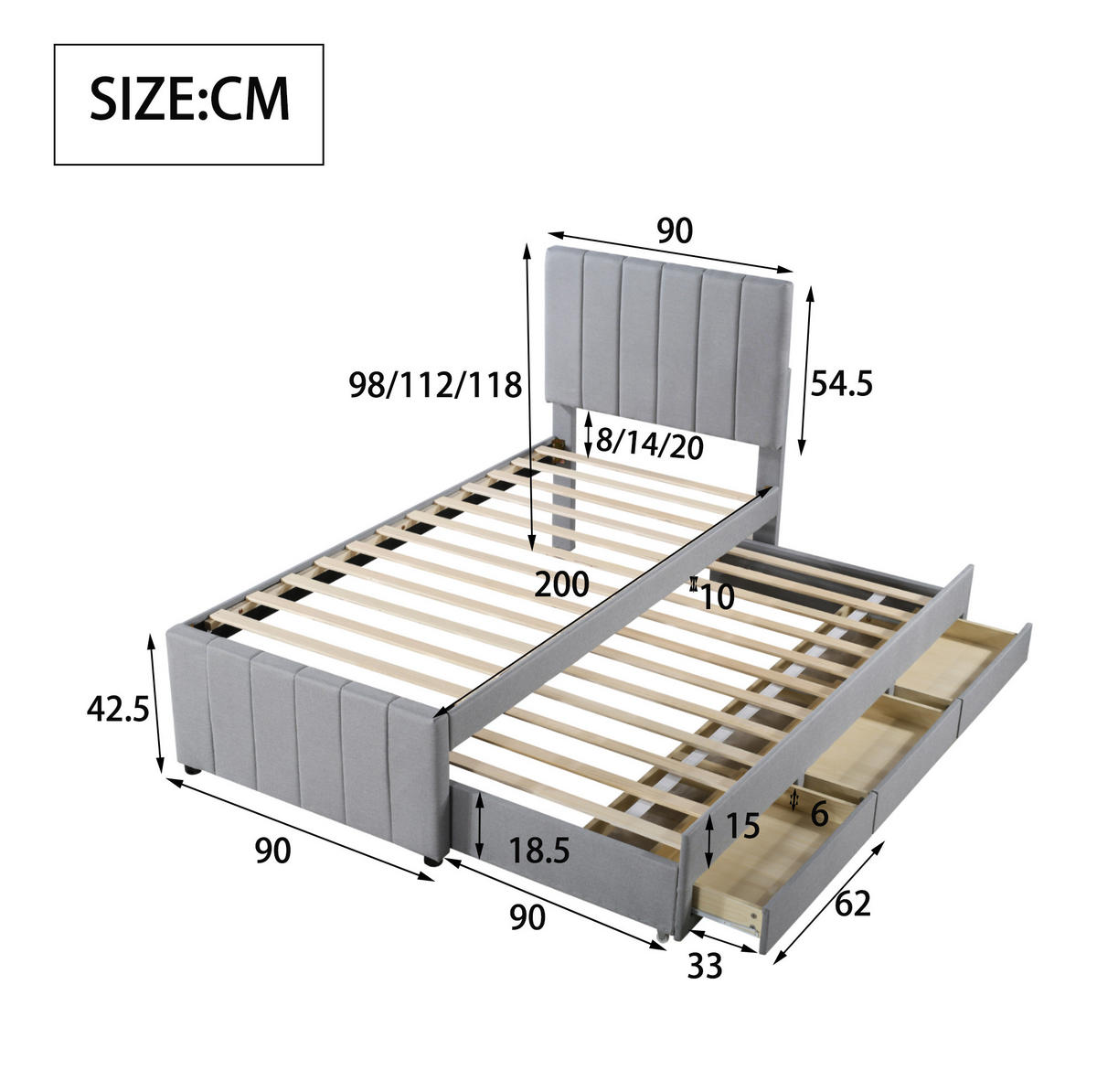POLSTERBETT mit Ausziehbett und 3 Schubladen 90x200 cm Grau - Grau, Holzwerkstoff (90/200cm) - Beauniv