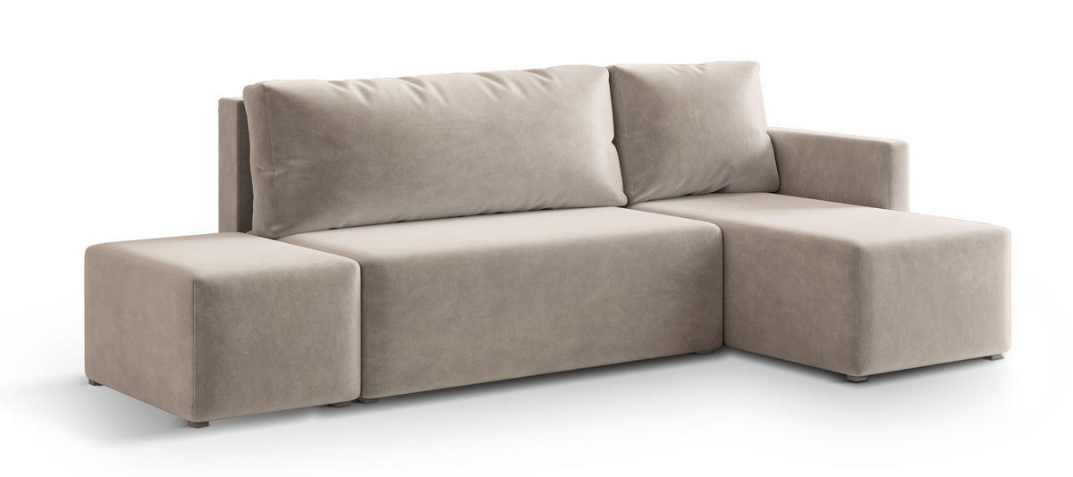 ECKSOFA VELOTTI R-S Beige Plüsch-Stoff mit Schlaffunktion - Beige, Holz (261/143cm) - MASSENO