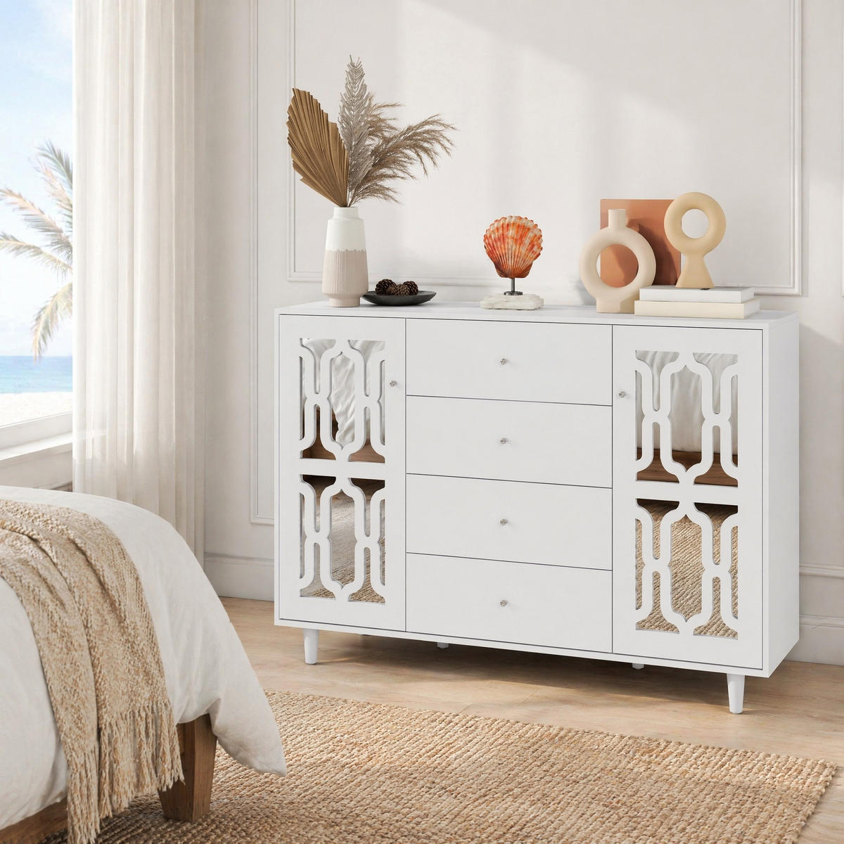 SIDEBOARD in Weiß Kommode mit Kristallgriffen für Wohnzimmer und Esszimmer, B147.5/T40/H102 cm - Weiß, Glas/Holzwerkstoff (147.5/102/40cm) - STILVORA