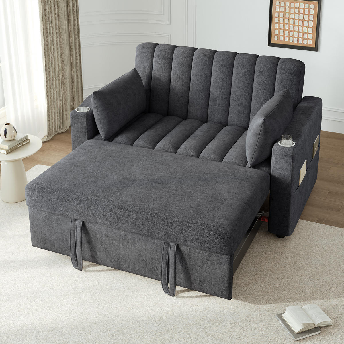 SCHLAFSOFA Multifunktional mit verstellbarer Rückenlehne und Getränkehaltern Grau Baumwolle 136/162/84 cm - Grau, Textil (136/84/162cm) - OKWISH
