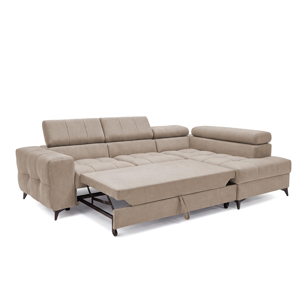 ECKSOFA PUDDING S Rechts mit Schlaffunktion 125x195 Velours Beige - Beige/Schwarz, Holz/Textil (275/177cm) - Muffo