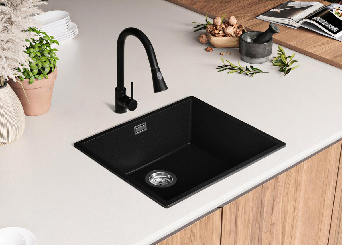 SPÜLBECKEN London Slim, 2-er set Schwarz 56/47 cm 1 Becken + Ablauf-Set ab 60er Unterschrank - Chromfarben/Schwarz, Kunststoff (56/20/47cm) - Primagran