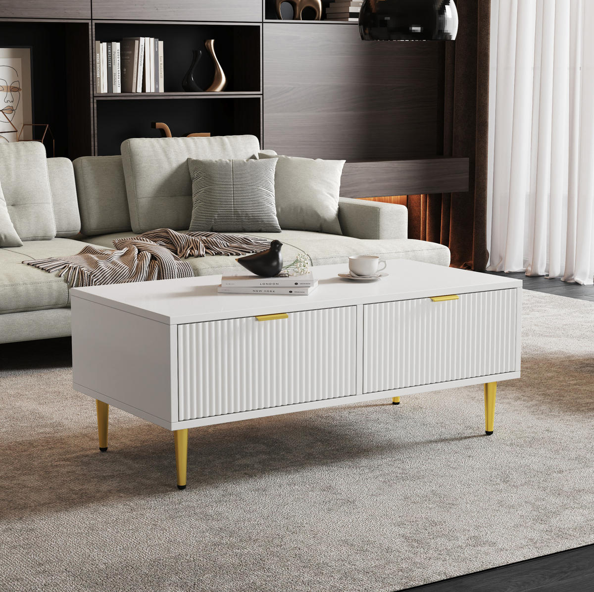 COUCHTISCH 100/50/40 cm in Weiß mit 2 Schubladen und goldfarbenen Details - Weiß, Holzwerkstoff (100/50/40cm) - Flora Grace
