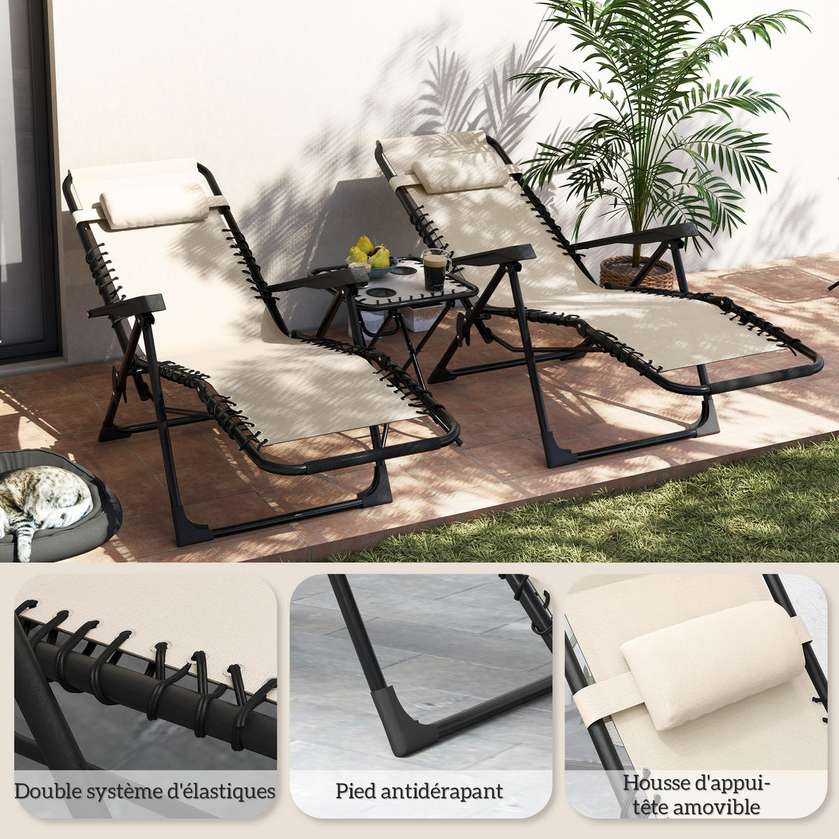 SONNENLIEGE 2er-Set DE-15650 mit Tisch, 5-fach verstellbar Beige - Beige, Metall (65/110/90cm) - ComfortXL