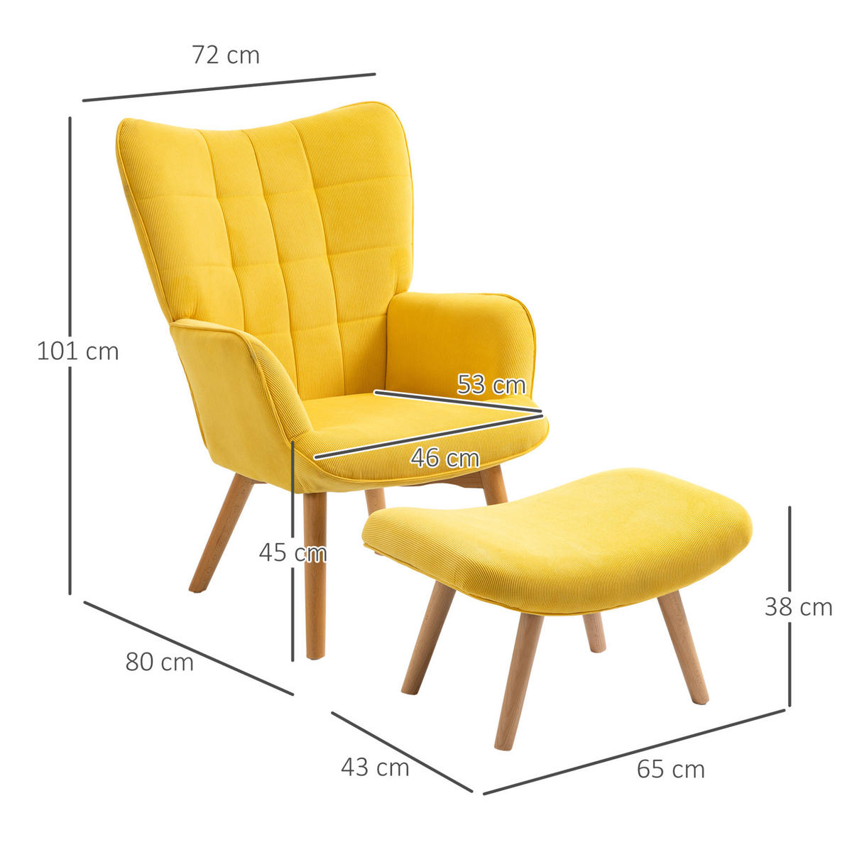 OHRENSESSEL 72/80/101 cm in Gelb mit Hocker und Buchenholzbeinen - Gelb, Textil (72/101/80cm) - Flora Grace