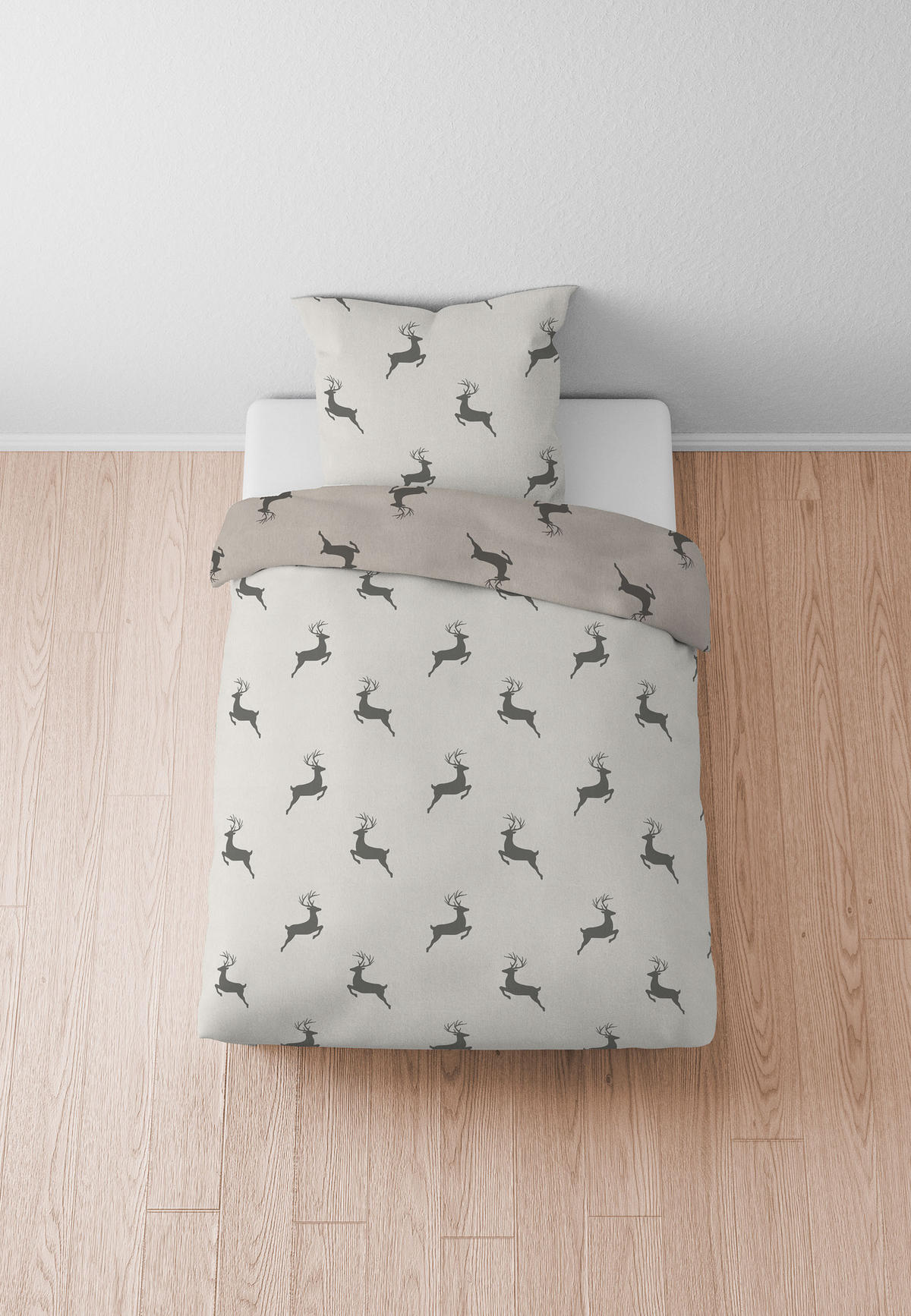 BETTWÄSCHE-GARNITUR Melange Hirsch Klein kitt, 155x200 cm + 80x80 cm - Beige, Textil (155/200cm) - biberna