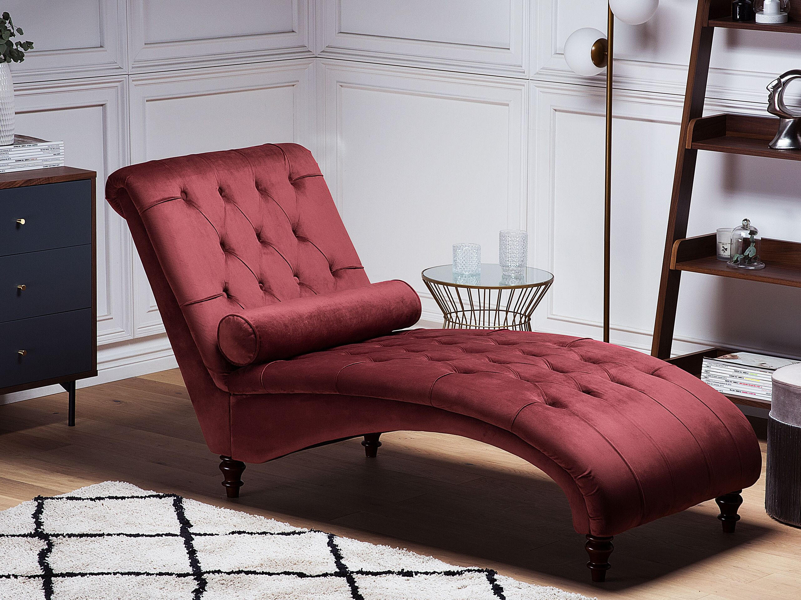 CHAISELONGUE Samtstoff burgunderrot Muret - Dunkelbraun/Rot, Textil (163/87/72cm) - Beliani