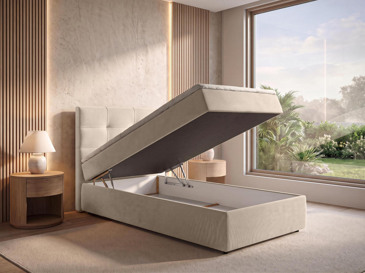 BOXBETT SAKARYA 100x200 cm mit Bettkasten und Matratze - Creme + TOPPER - Creme/Schwarz, Holz/Holzwerkstoff (100/200cm) - AX Living