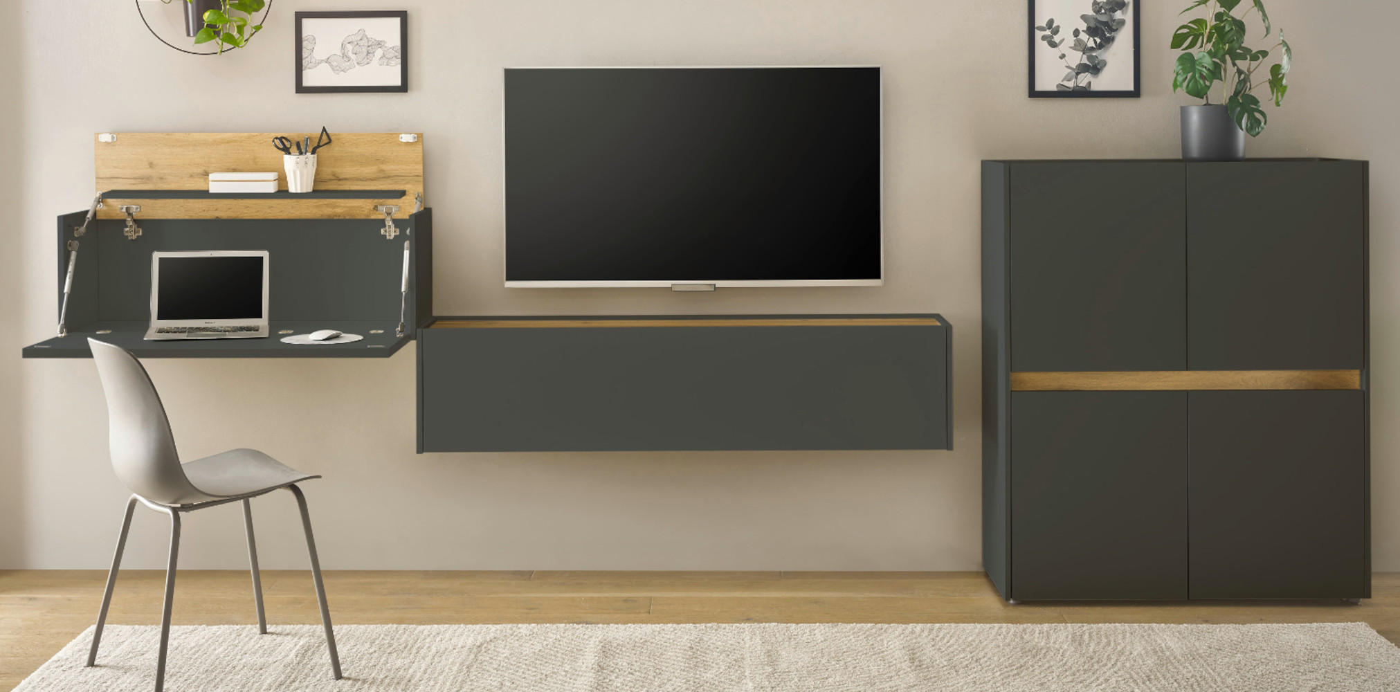 WOHNWAND 3-teilig grau matt, Eiche Wotan 370 cm, Schrankwand mit Sekretär - Eiche Wotan/Grau, Holzwerkstoff/Kunststoff (370/122/40cm) - Furn.Design