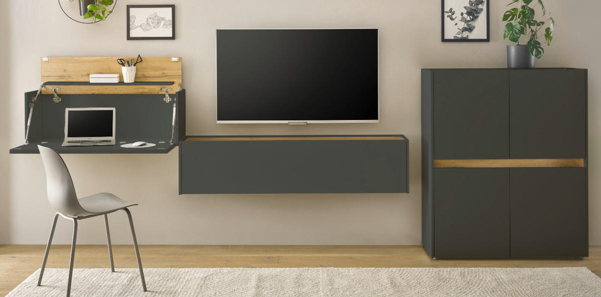 WOHNWAND 3-teilig grau matt, Eiche Wotan 370 cm, Schrankwand mit Sekretär - Eiche Wotan/Grau, Holzwerkstoff/Kunststoff (370/122/40cm) - Furn.Design