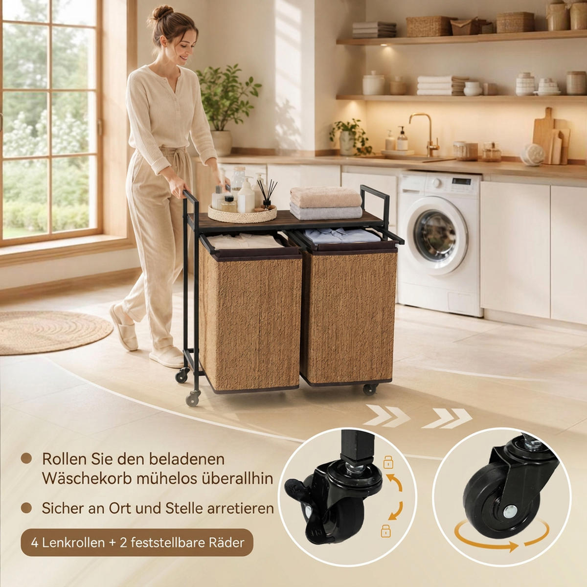 WÄSCHEKORB Stahl Bambus Braun - Braun, Holz (33/78/73cm) - HOMCOM