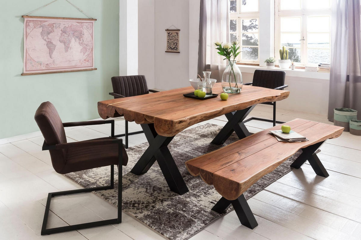 ESSZIMMERTISCH – Akazie Massivholz 200x100x77 cm X-Gestell Natur Schwarz - Beige/Schwarz, Holz/Metall (200/100/77cm) - KADIMA DESIGN