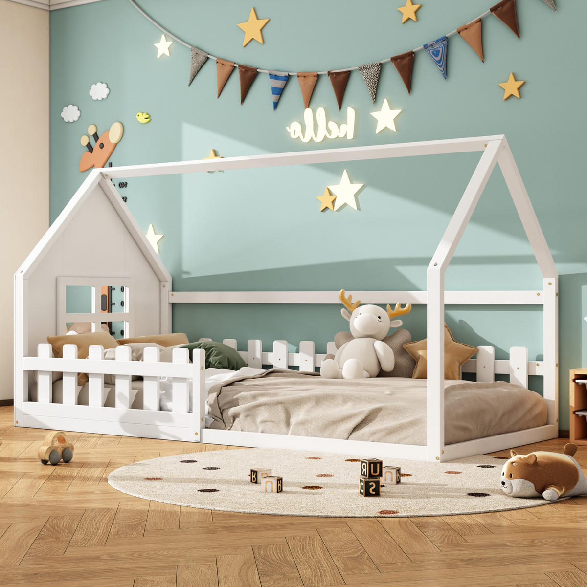 KINDERBETT 90/200 cm in Hausform mit Lattenrost aus Kiefer und MDF, Weiß - Weiß, Holzwerkstoff (90/200cm) - Redom
