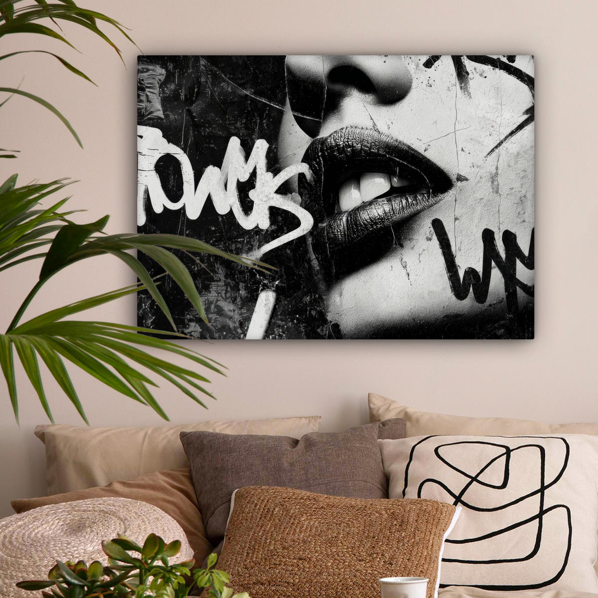 LEINWANDBILD Gesicht - Mund - Graffiti - Schwarz Wandbilder 80x60 cm - Schwarz, Textil (80/60cm) - MuchoWow
