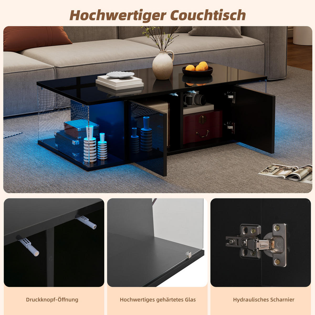 COUCHTISCH 100x50cm Schwarz Hochglanz Hartglas LED 2 Schränke Schlicht - Schwarz, Holz (111.68/58.98/13.49cm) - FLIEKS