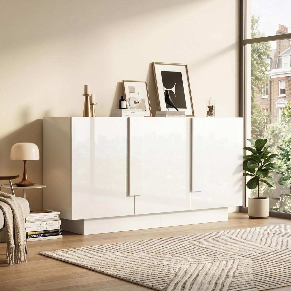 BUFET 160cm Alb Lucios – Comodă cu 3 uși și 6 compartimente - alb, compozit lemnos (35/60/160cm) - Urban Meuble