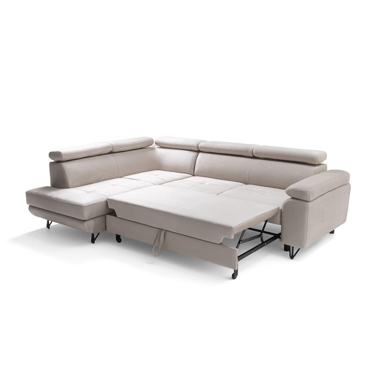 ECKSOFA JUNIOR L Links mit Schlaffunktion 194x128 Velours Creme - Creme/Schwarz, Holz/Textil (249/184cm) - Muffo
