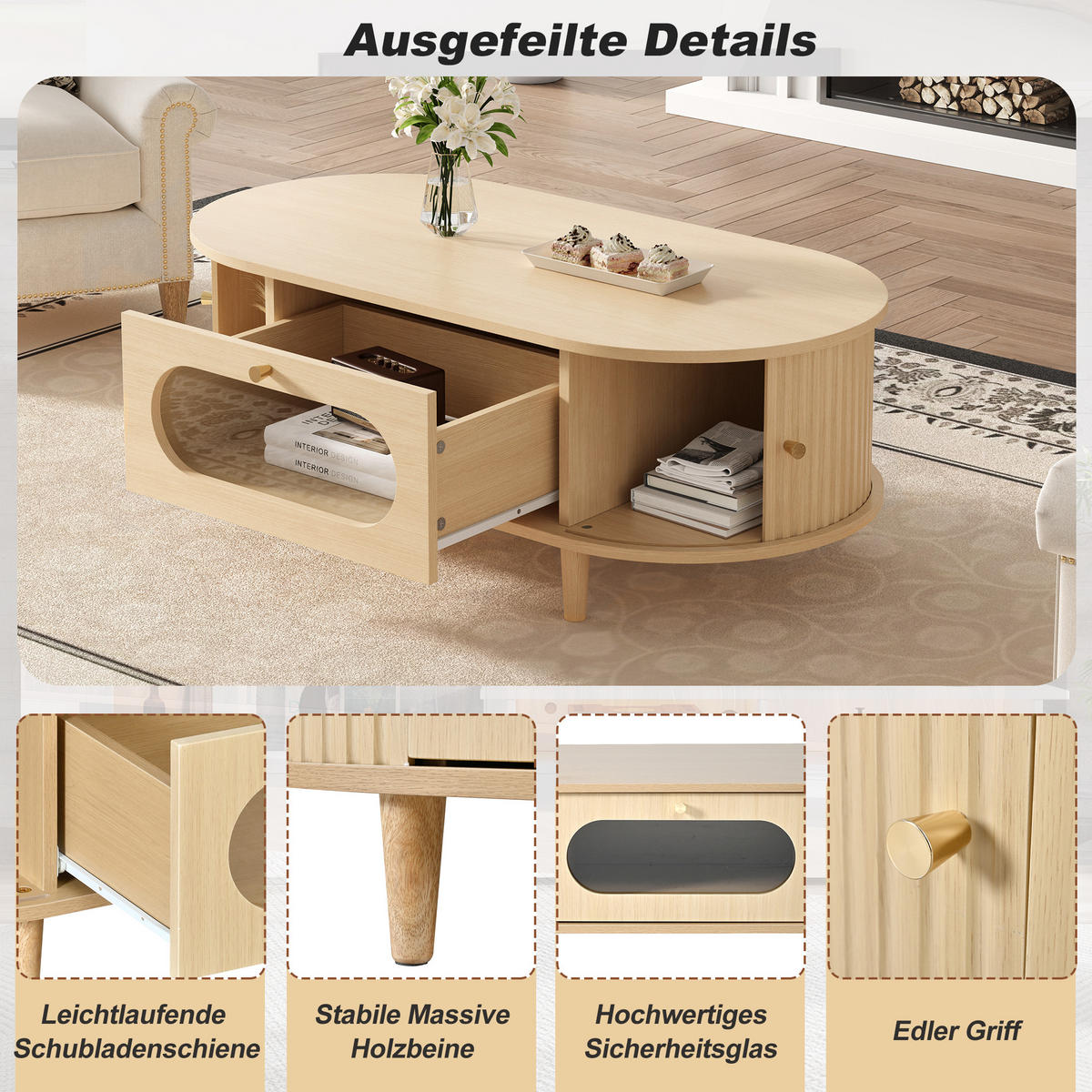 COUCHTISCH in Eichefarben Sofatisch mit Schublade und Rolltür, Sofa- und Beistelltisch mit 4 Stützbeinen, B100/T50/H36cm - Eichefarben, Glas/Holzwerkstoff (50/100/36cm) - STILVORA
