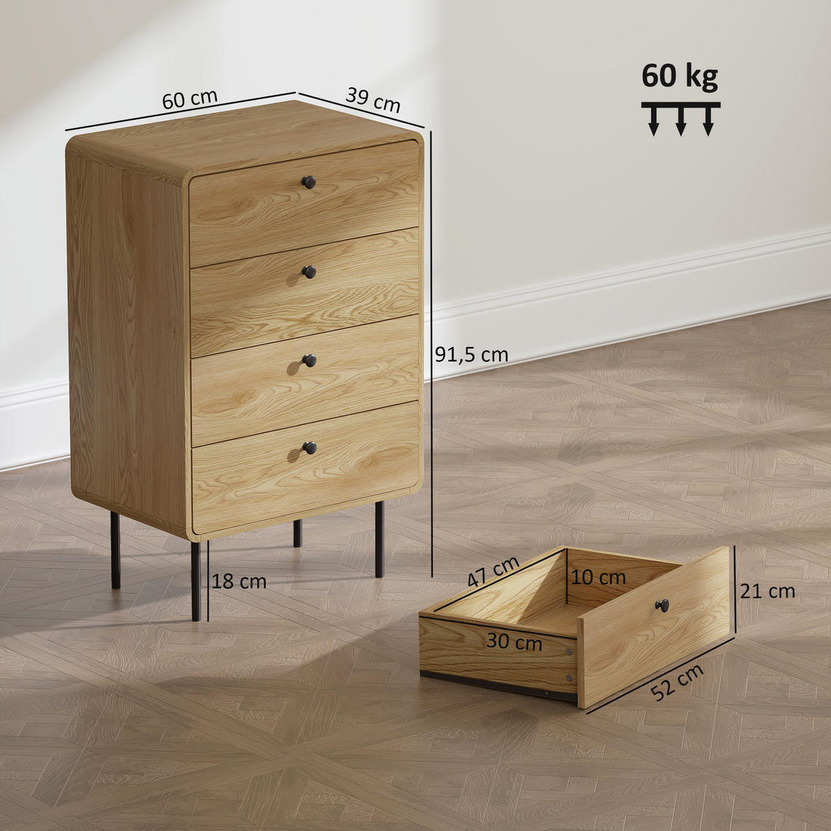 KOMMODE Eichenfarben und Schwarz 60/39/91,5 cm - Eichefarben, Holzwerkstoff (60/91.5/39cm) - PANGIVO