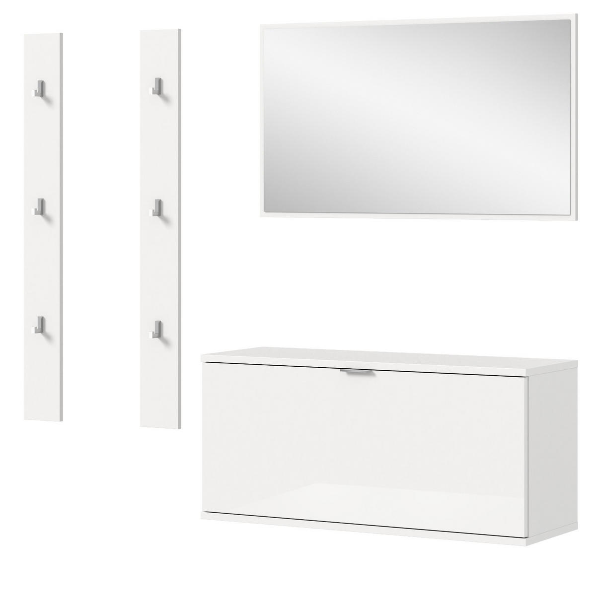 GARDEROBE Set 4-teilig weiß Hochglanz 14 cm, Garderobenkombination mit Spiegel hängend - Chromfarben/Weiß Hochglanz, Glas/Holzwerkstoff (147/193/34cm) - Inn.Furn