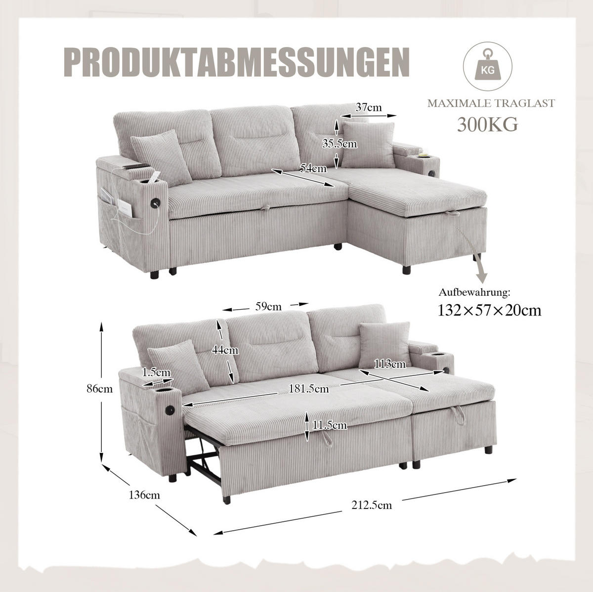SOFA 212,5/136/86 cm in Hellgrau mit Stauraum, USB- und Type-C-Anschlüssen - Hellgrau, Textil (136/86/212.5cm) - Flora Grace