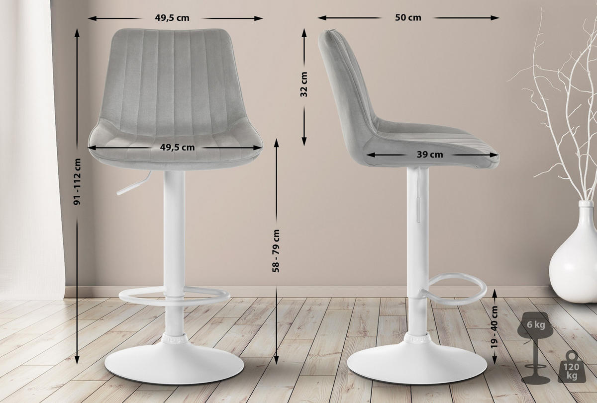 BARHOCKER Tolor Samt weiß grau - Weiß/Grau, Textil/Metall (49.5/112/50cm) - TPFLiving