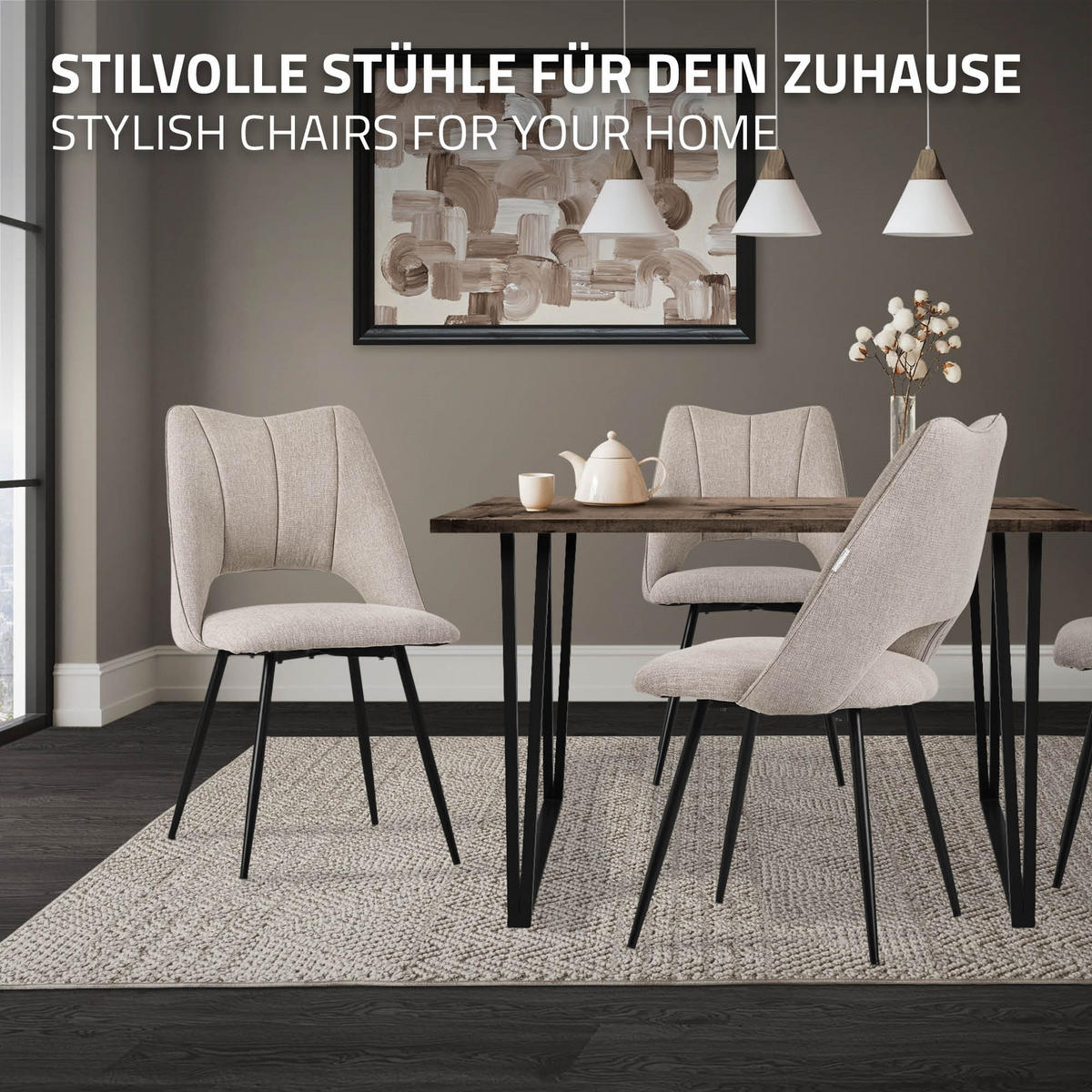 ESSZIMMERSTUHL Beige 4er Set - Beige/Schwarz, Textil/Metall (53/89/57cm) - ML-DESIGN