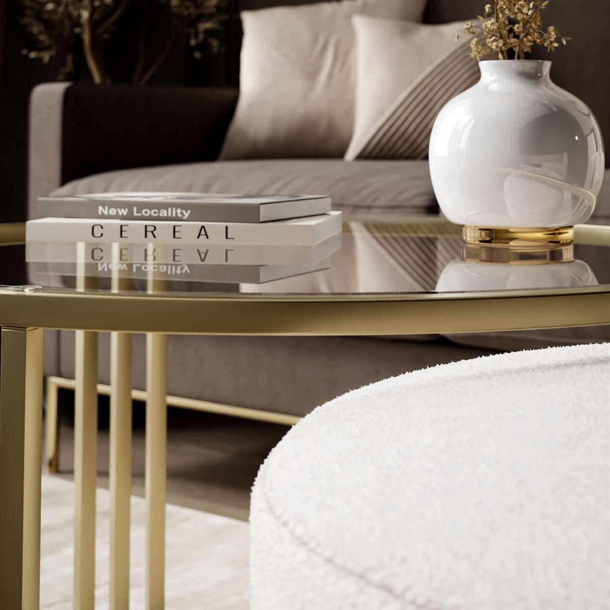 COUCHTISCH mit Hocker LORI GLASS gebürstetes Gold/transparentes Glas/Perfect Harmony 01 - Transparent, Metall (70/70/49cm) - Lookway