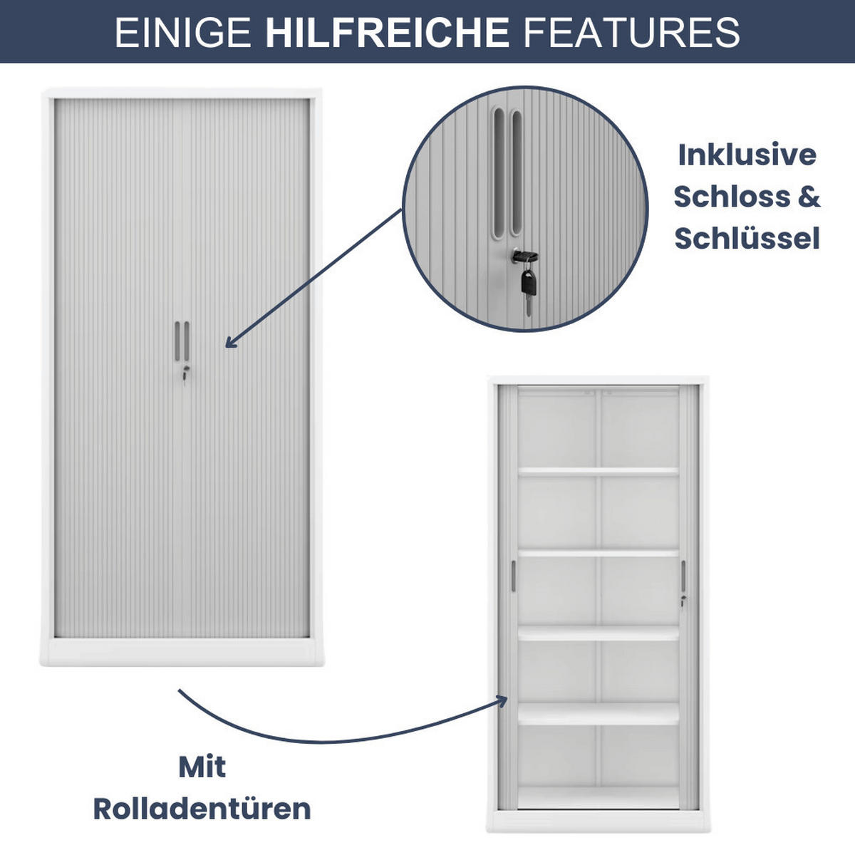 AKTENSCHRANK abschließbar KETI mit Rolladentüren 185x90x45cm Weiß-Grau - Weiß, Metall (90/185/45cm) - DELUKE