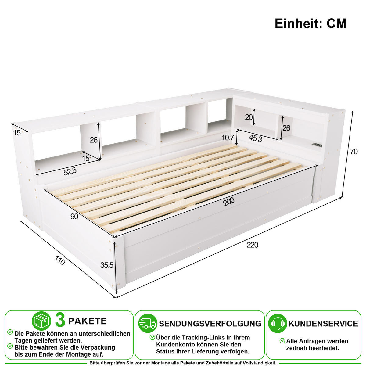 POSTEL 90/200 cm v bílé barvě s úložným prostorem, LED a zásuvkou - bílá, dřevo/kompozitní dřevo (90/200cm) - CHICFURN