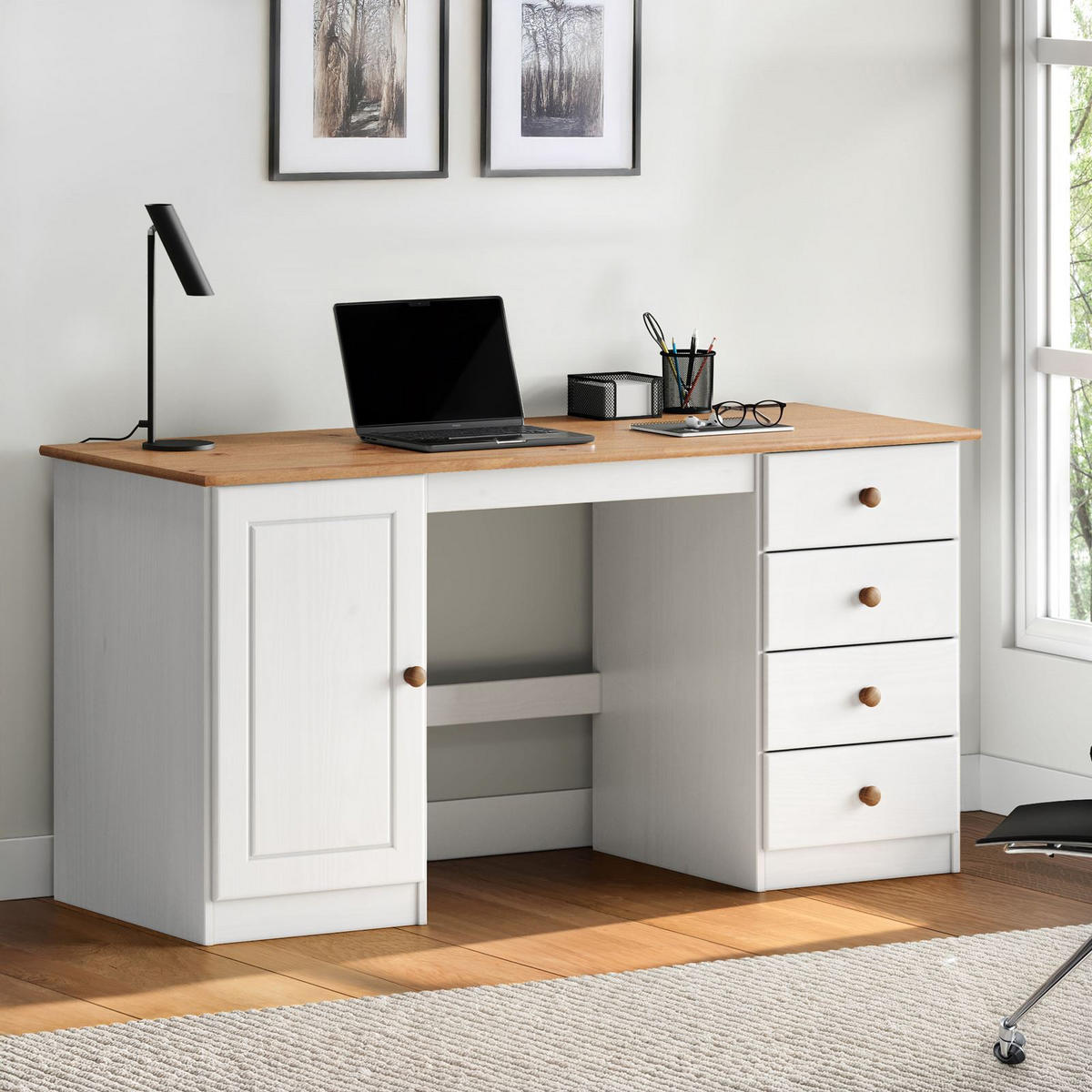 SCHREIBTISCH MANAGER weiß/Eiche - Eichefarben/Weiß, Holz (54/145/73cm) - IDIMEX