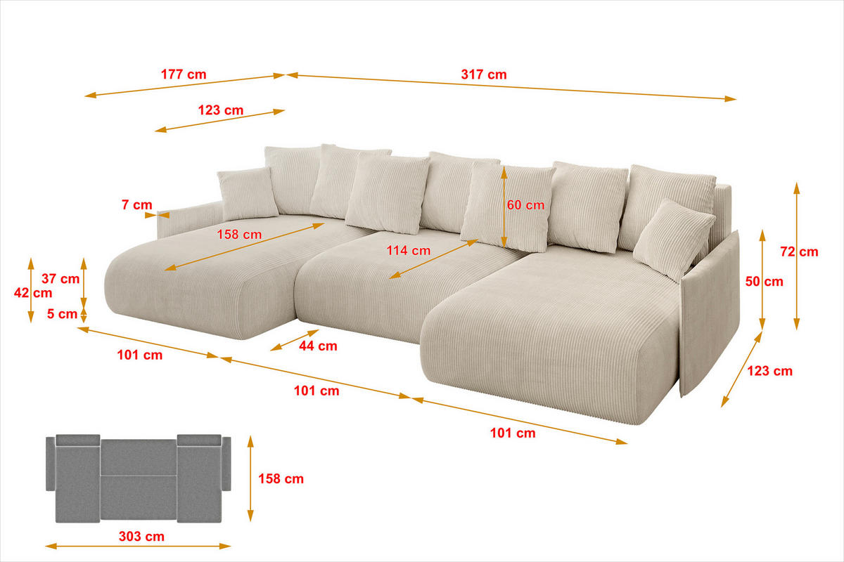 WOHNLANDSCHAFT mit Schlaffunktion und Bettkasten ONESK-U-v1 317x177x72 Beige Cord - Beige, Holzwerkstoff/Kunststoff (317/72/177cm) - ALTDECOR