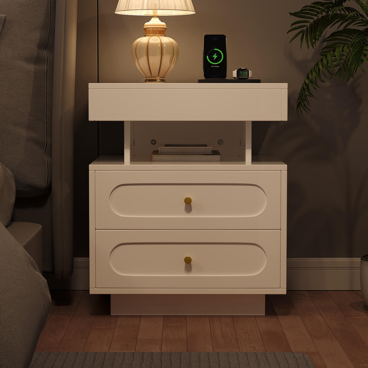 SIDEBOARD Nachttisch mit LED Beleuchtung und 3 Lichtfarben, große Schublade MDF leise Führung - Weiß, Holzwerkstoff/Metall (50/60/40cm) - EVRYAE
