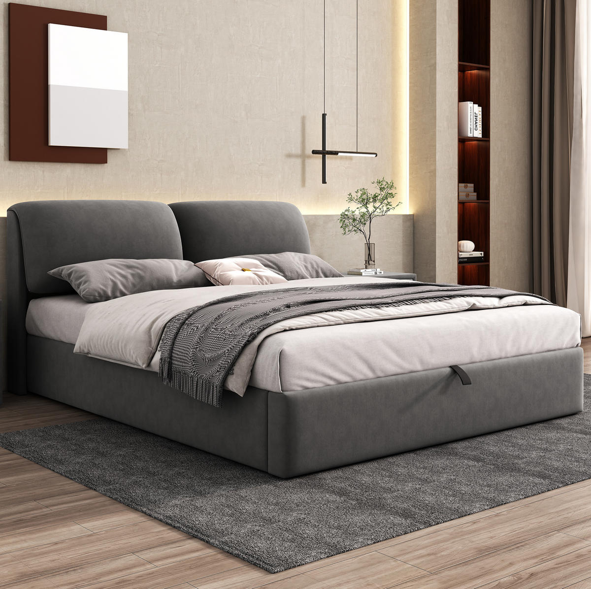 POLSTERBETT 160/200 cm aus Samt mit Stauraum und verstellbarem Kopfteil Grau - Grau, Textil (160/200cm) - Modenvie