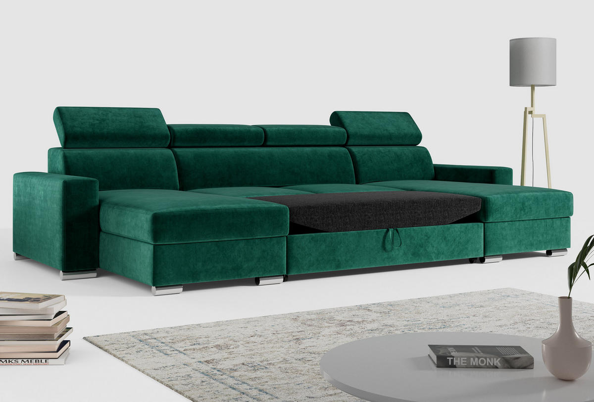 WOHNLANDSCHAFT FOX U Dunkelgrün - Velvet - Dunkelgrün/Silberfarben, Kunststoff/Textil (306/98/168cm) - MKS