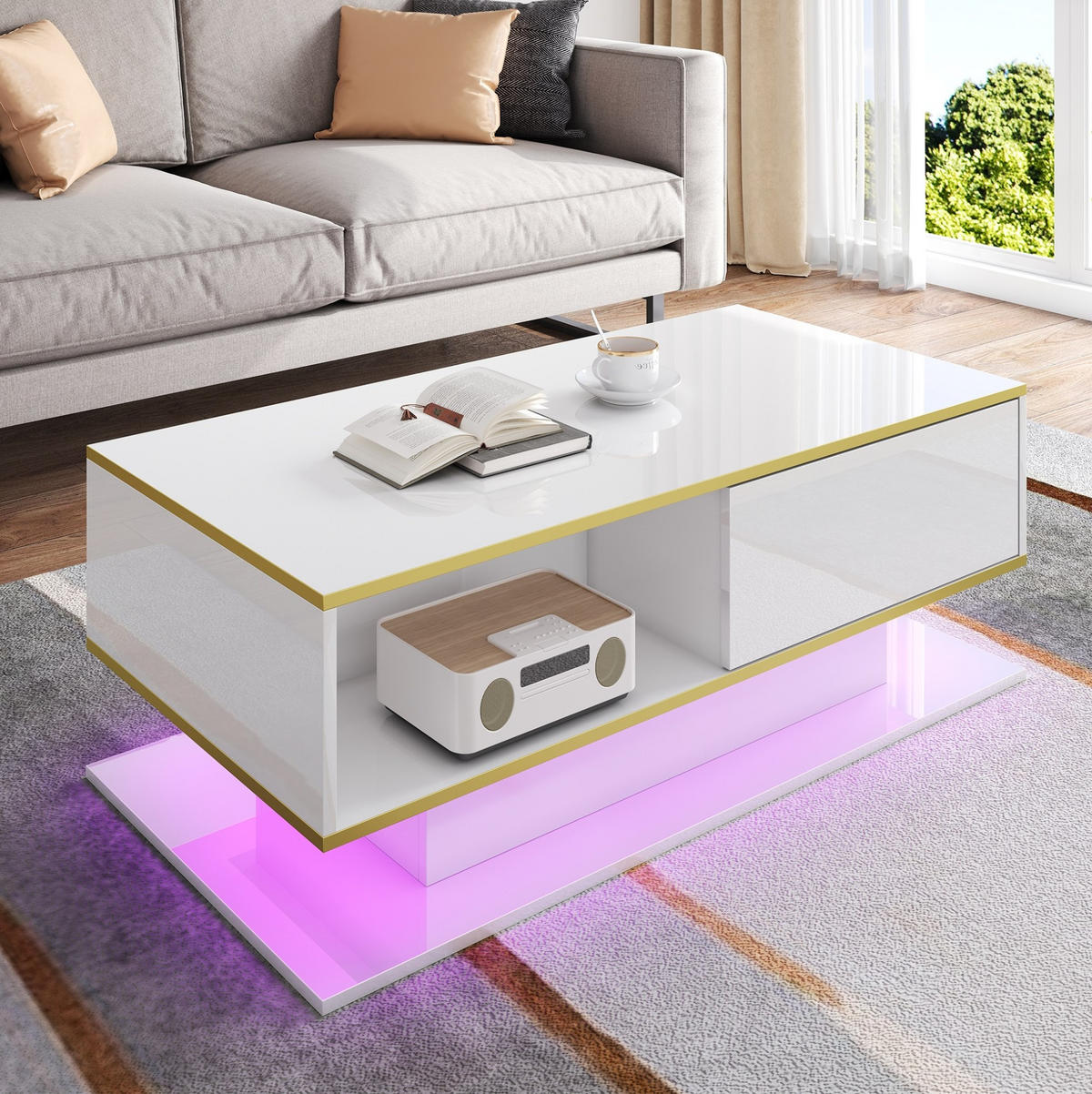 COUCHTISCH 100/50/40 cm mit LED-Beleuchtung, 3 Schubladen und offenem Fach, Hochglanz mit Golddekor, Weiß/Gold - Weiß, Holzwerkstoff (100/50/40cm) - Redom