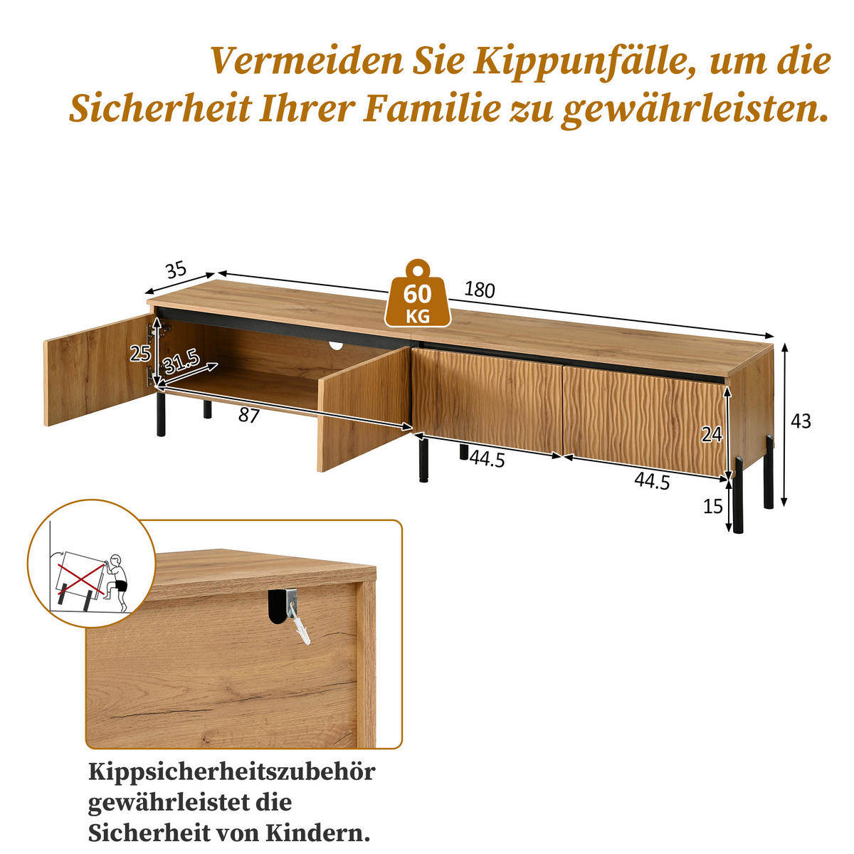 TV-LOWBOARD 4 Türen Wellen Design Stauraum Metallfüße Modern - Naturfarben, Holzwerkstoff (180/43/35cm) - FLIEKS
