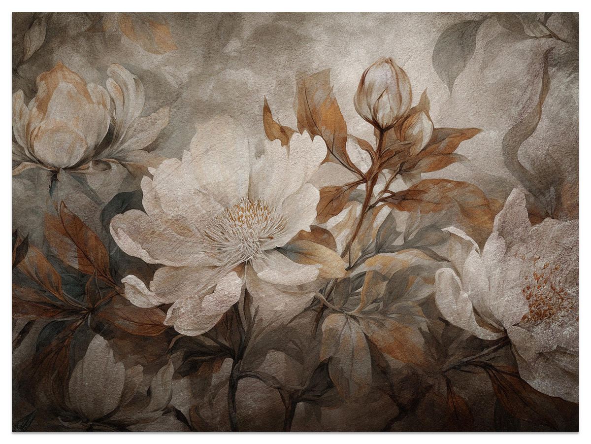 FOTOTAPETE für Wohnzimmer Blumen Blätter Pflanzen Natur Retro Stil 400x280 - Beige/Orange, Papier (400/280cm) - Muralo