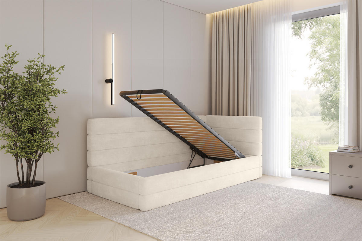 EINZELLBETT Jugendbett mit Bettkasten, Links - BEMY 90x200 Beige - Beige, Holzwerkstoff/Textil (90/200cm) - ALTDECOR