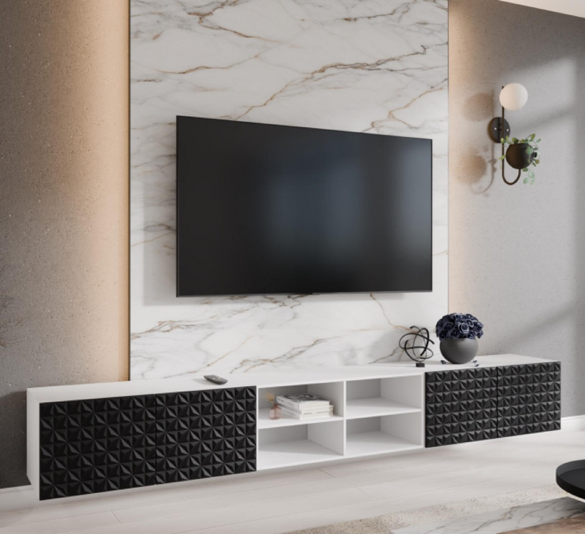 TV-SCHRANK Schwarz Weiß ALI Offene Fächer Dekorative Fronten 300 cm - Schwarz/Weiß, Holzwerkstoff (300/41/40cm) - Sepro Meble