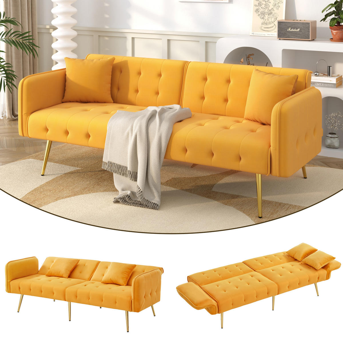 SOFABETT 2-in-1 mit Schlaffunktion 215 x 81,5 cm Velours Yellow - Gelb, Kunststoff (178/70/82cm) - Meubliv