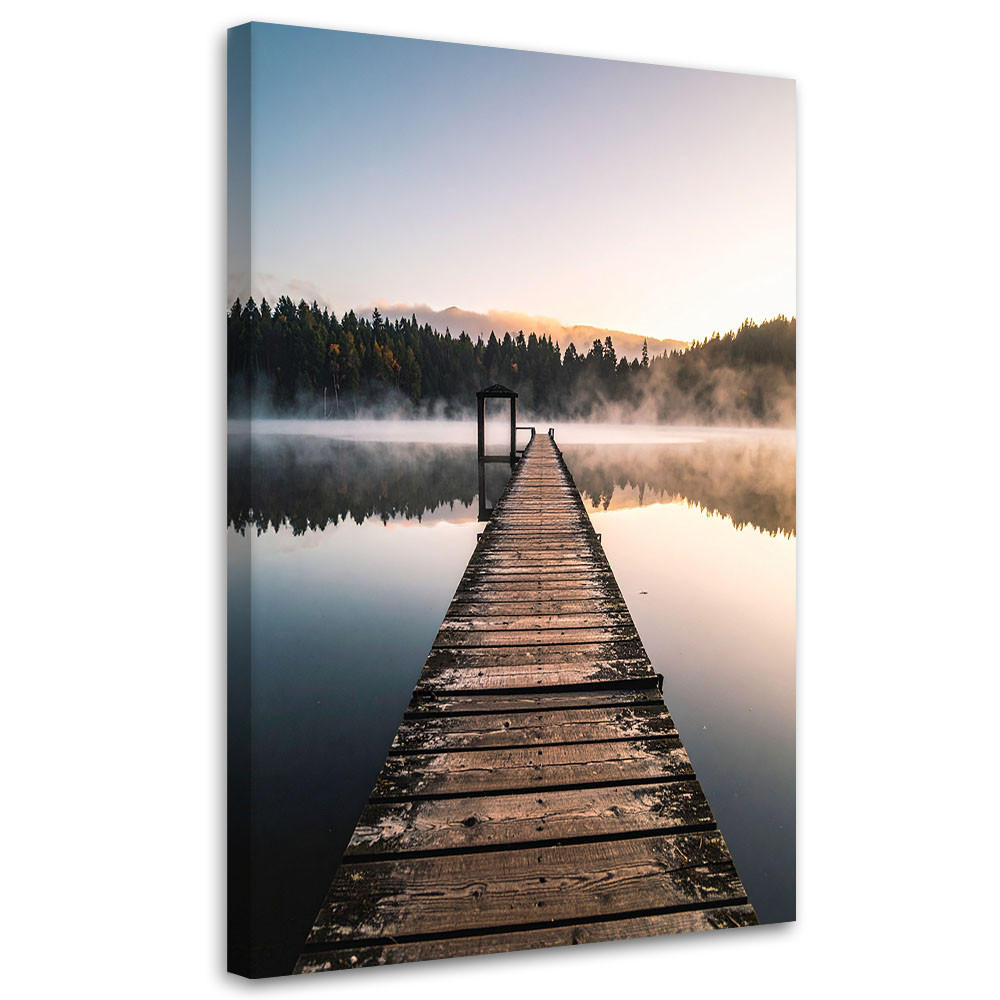 LEINWANDBILD Aussicht Steg See Wald im Nebel 60x90cm - Grau, Textil (60/90cm) - Feeby